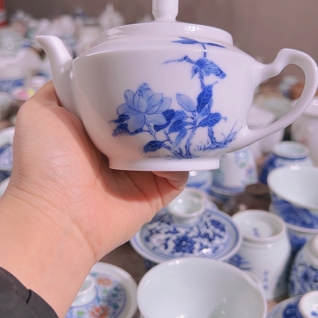 青花花鸟高白泥壶