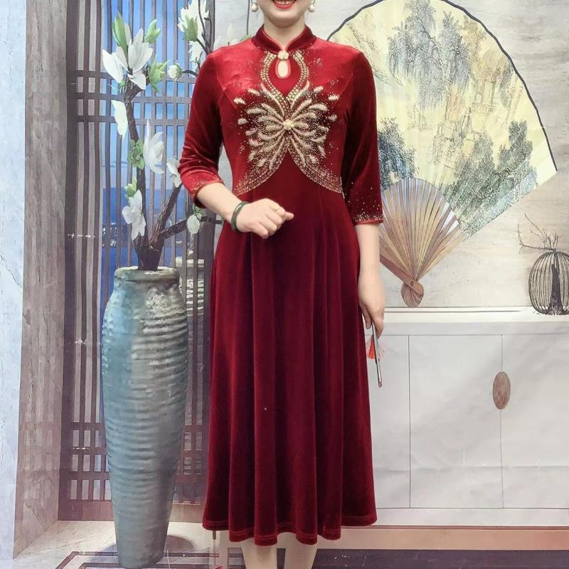 87196长袖气质婚礼宴会长裙烫钻无开衩旗袍新娘纯色常规