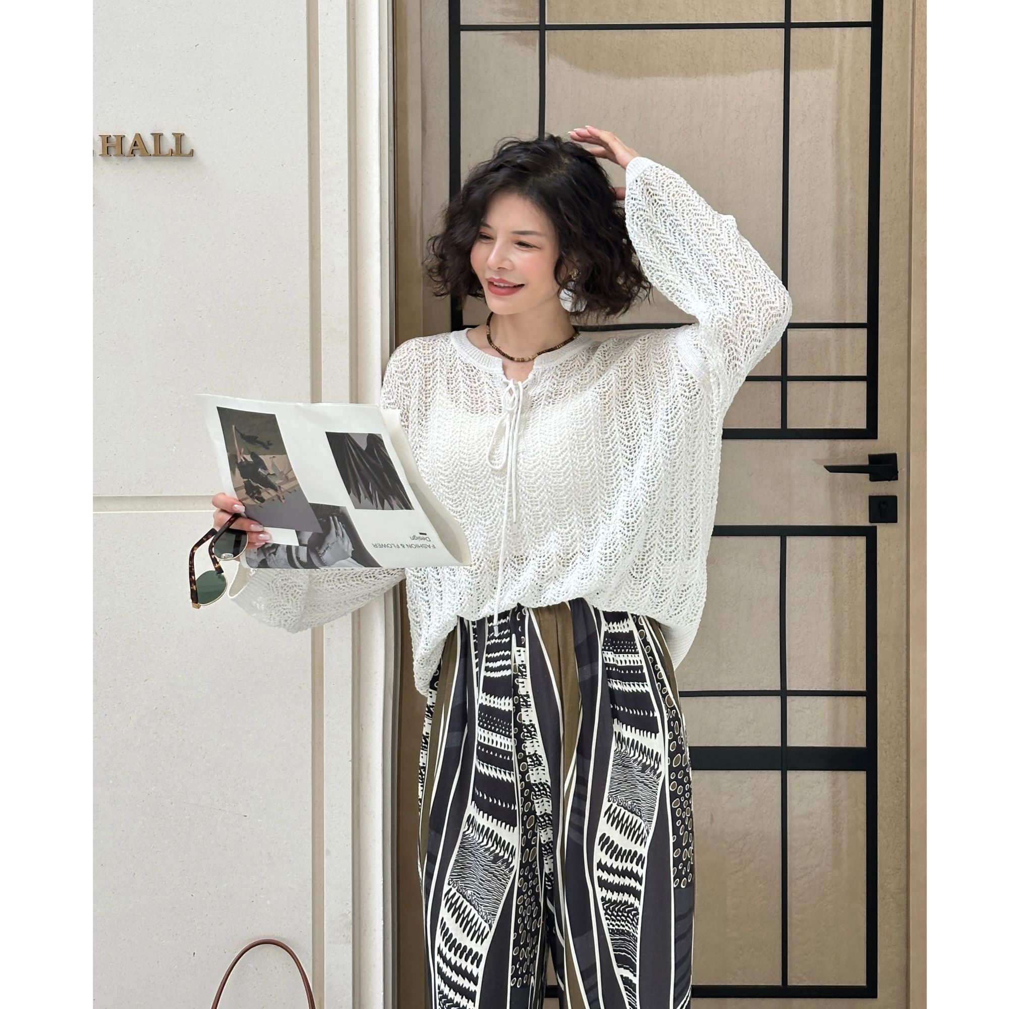 春夏中式系带镂空V领宽松显瘦针织衫SS25409