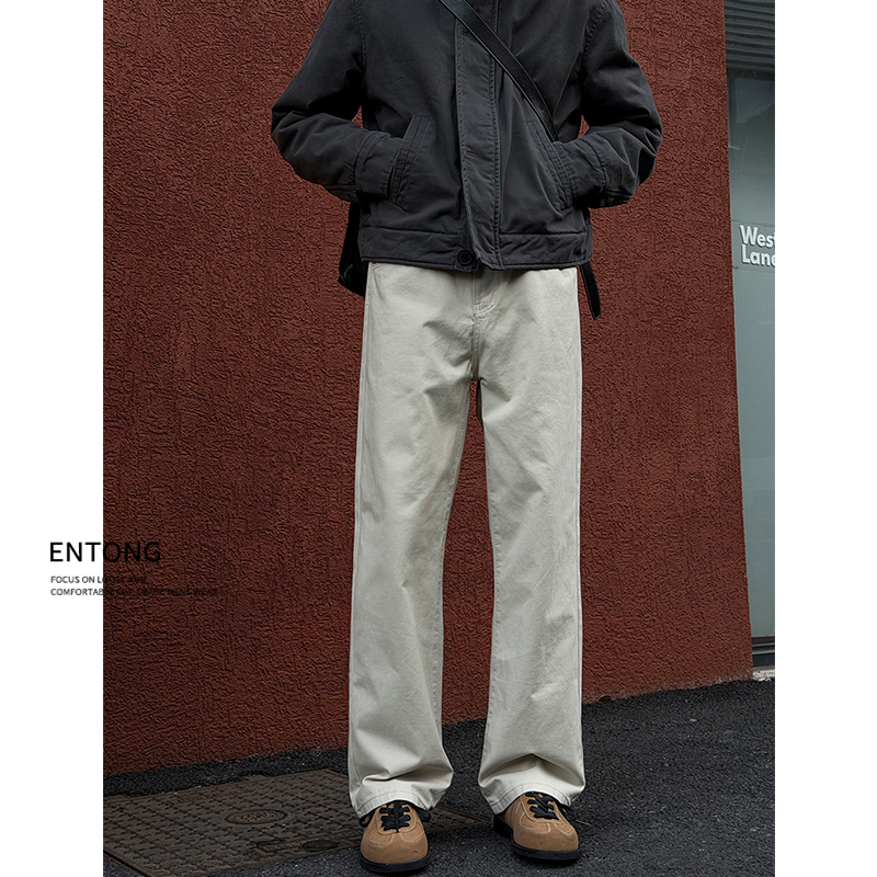 Entong日系复古宽松牛仔裤男款简约百搭水洗做旧工装长裤直筒裤子