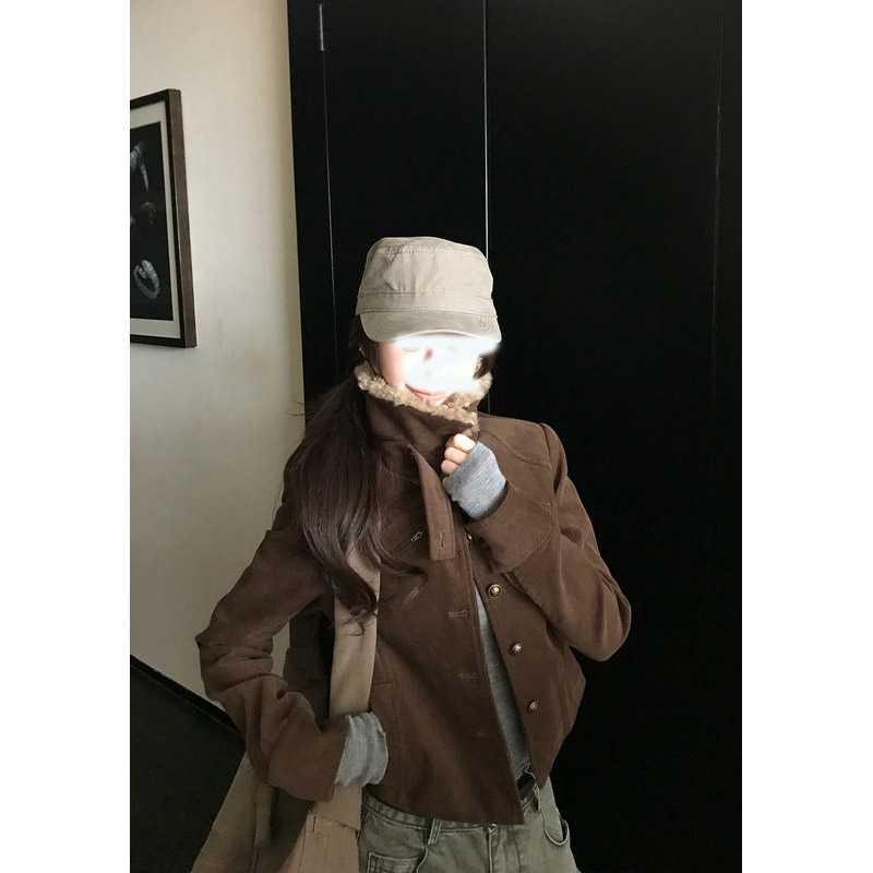 秋季新款辣妹韩系复古上衣夹克灯芯绒羊羔绒领高级休闲气质外套女