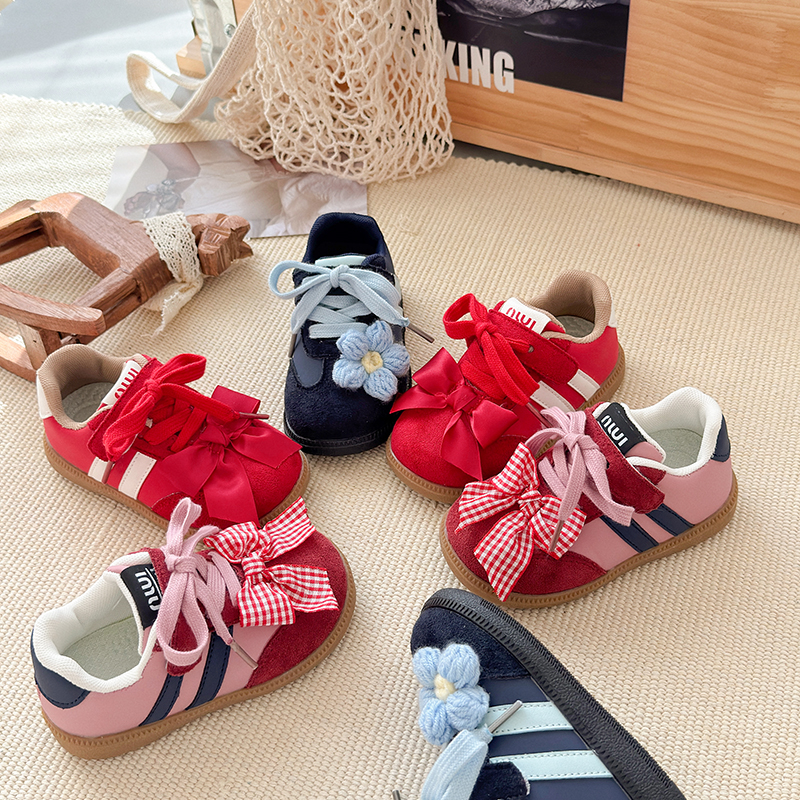 复古单鞋春秋男女童通用韩版双色蝴蝶结软底百搭休闲时尚板鞋9927