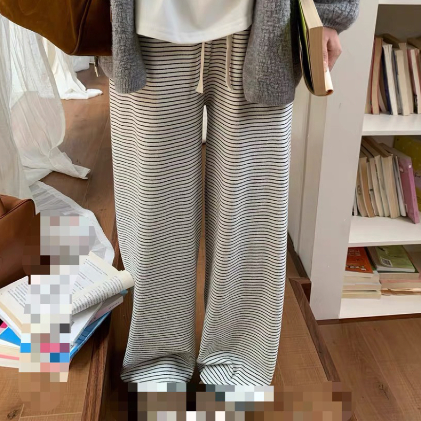 糯米加绒条纹裤显瘦直筒垂感慵懒休闲阔腿裤