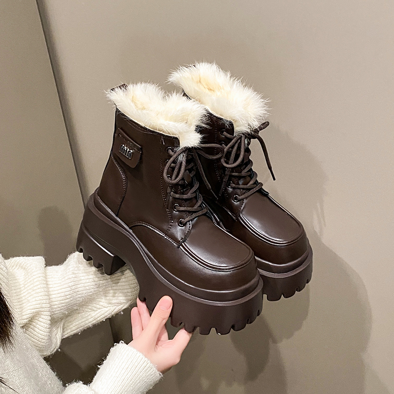欧货毛毛短靴女冬新款棉鞋英伦风厚底增高加绒保暖系带瘦瘦马丁靴