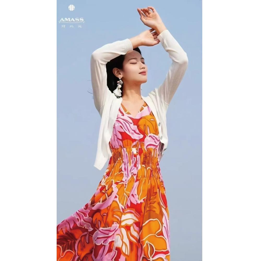 AMASS/阿玛施夏季度假法式显瘦复古红色碎花吊带连衣裙子5500493