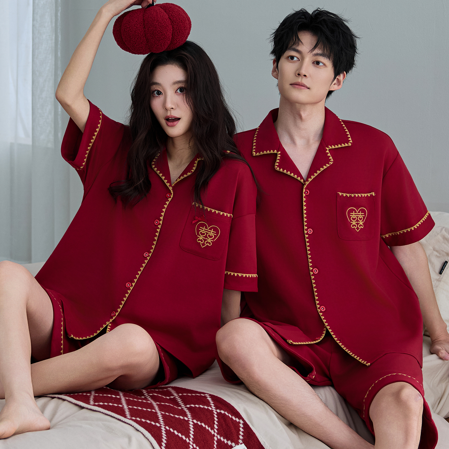 夏季情侣睡衣【单套】红色纯棉短袖短裤本命年宽松女生高级感家居服