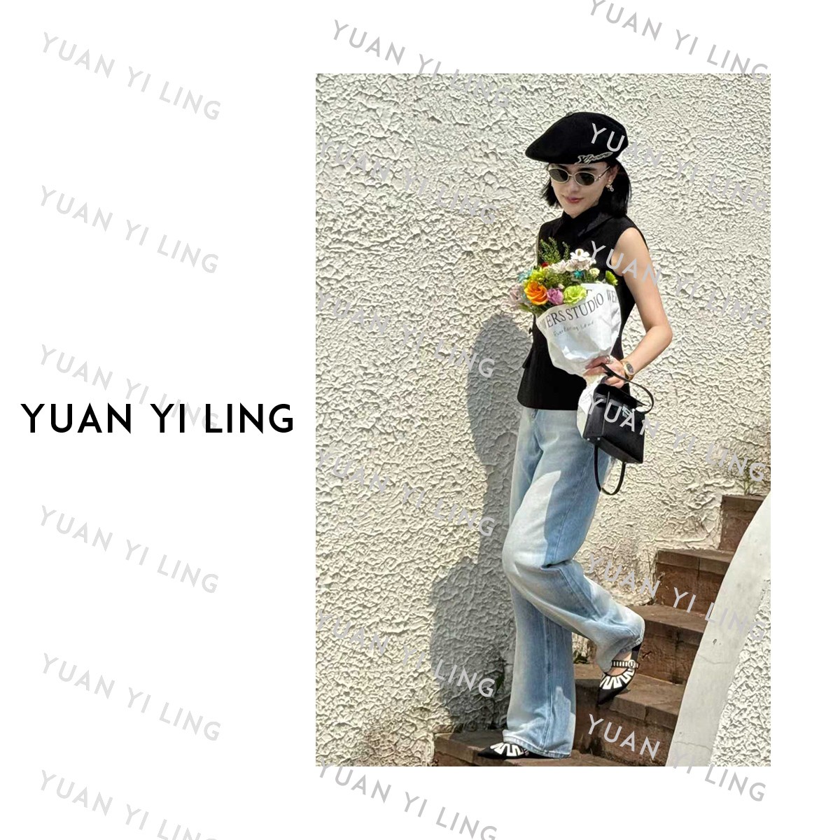 袁艺灵【海岸来信】棉质百搭高腰水洗渐变显瘦阔腿复古直筒牛仔裤女