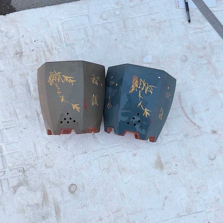 紫砂花盆微瑕六方窝口两个