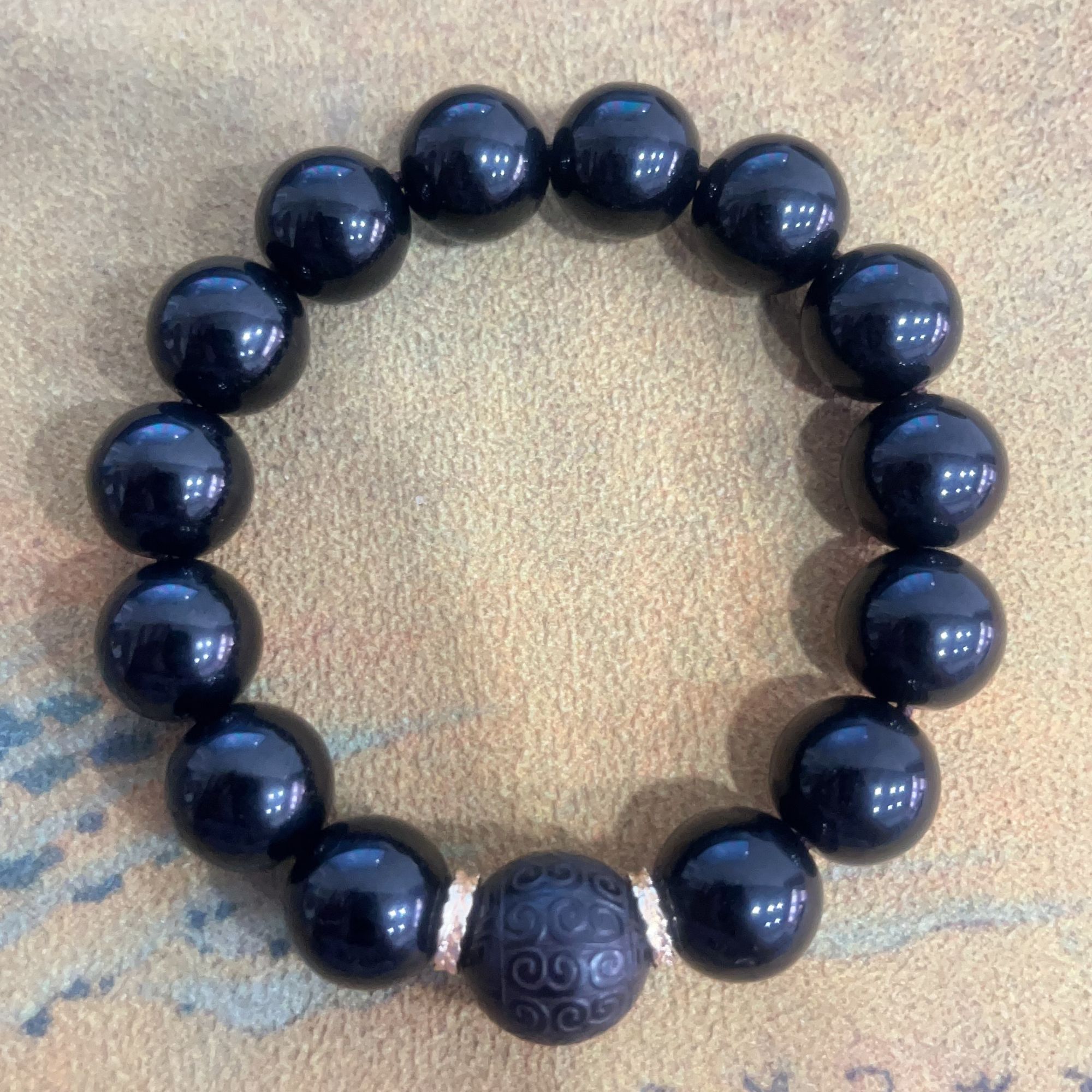 黑檀回纹带黑曜石1.4圆珠手串3032