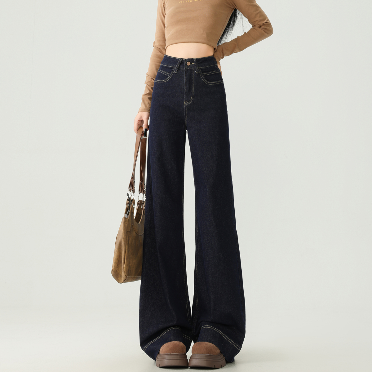 丹宁深蓝微喇阔腿牛仔裤女春秋高腰宽松直筒小个子不贴腿喇叭裤子
