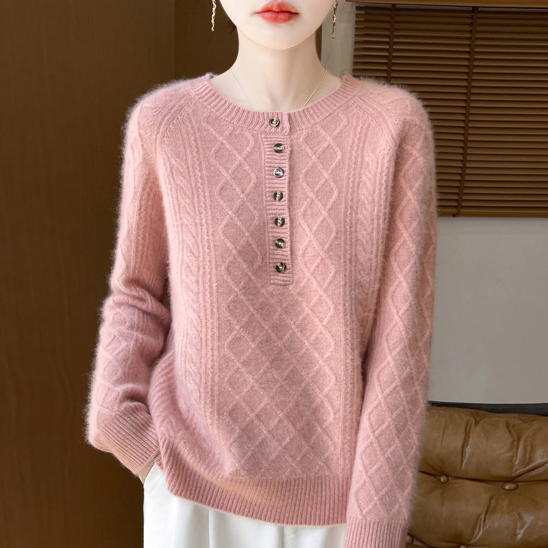 100%羊毛衫七针加厚七粒扣绞花女圆领宽松百搭针织套头打底衫