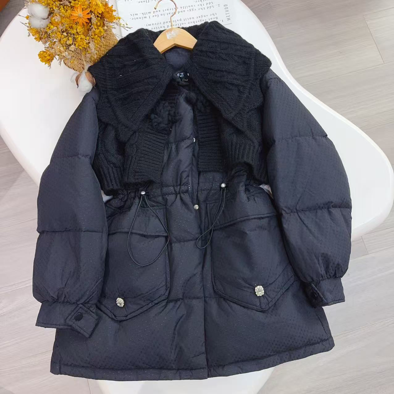 针织领羽绒服冬季新款立领保暖韩版收腰外套#c025