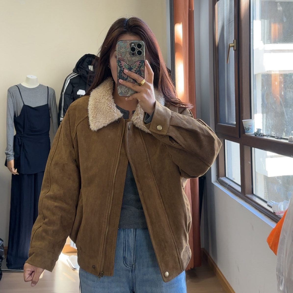 鹿皮绒加棉毛毛翻领外套女