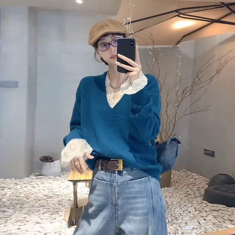 设计感拼接V领软糯套头毛衣女2025秋新款百搭减龄时尚针织衫上衣