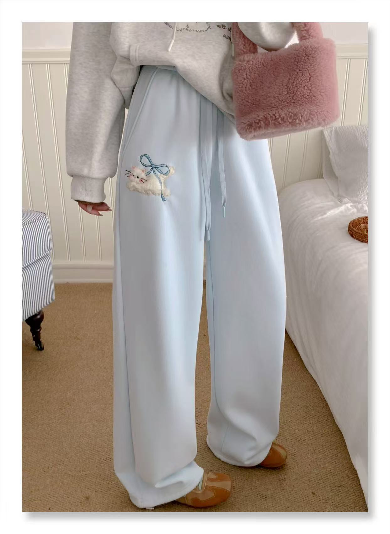 【蝴蝶结猫咪裤子】甜美刺绣加绒撞色休闲阔腿裤KH61