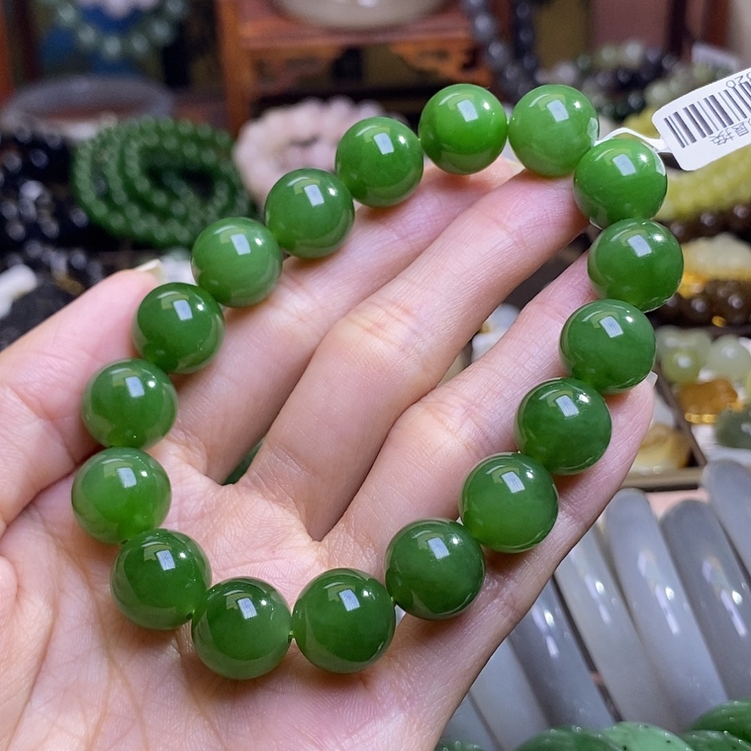 和田玉未镶嵌颈饰俄七碧玉阳绿手串12MM