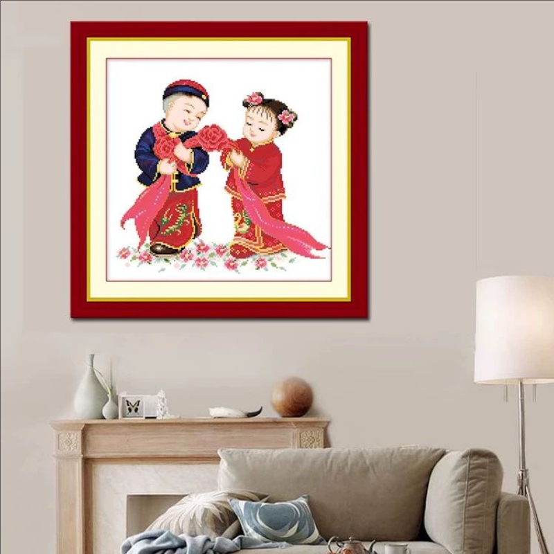 纯手工十字绣成品金童玉女百年好合永结同心婚礼装饰结婚画绣好的