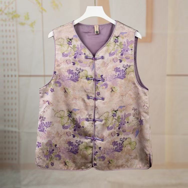 M30 蝶语 紫色中式国风气质马甲时尚复古印花坎肩盘扣女装新