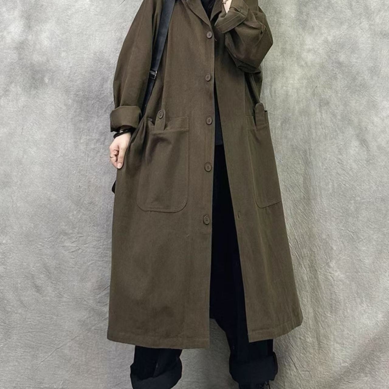 复古文艺休闲大双口袋风衣外套女中长款时尚宽松百搭翻领上衣085