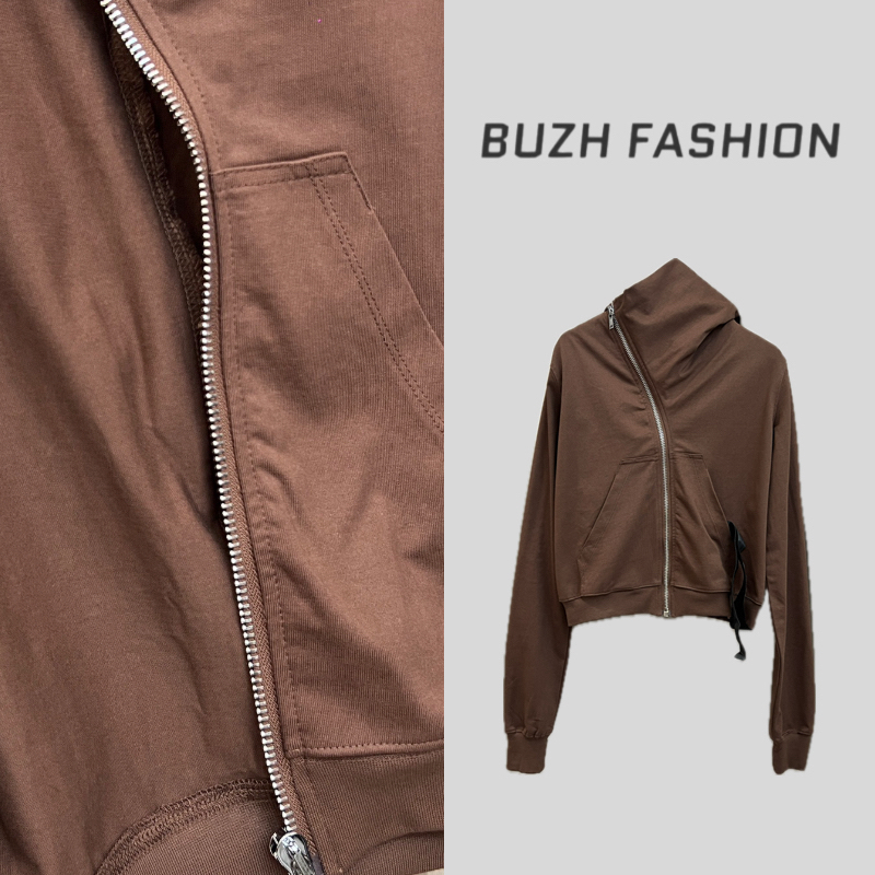 BUZH秋季新品 欧美设计款字咖色花连帽卫衣开衫