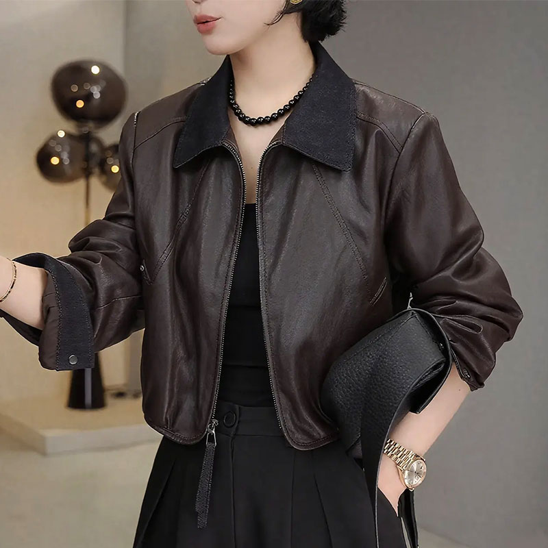翻领皮衣外套女2025秋季新款韩版时尚潮流小个子气质百搭夹克上衣