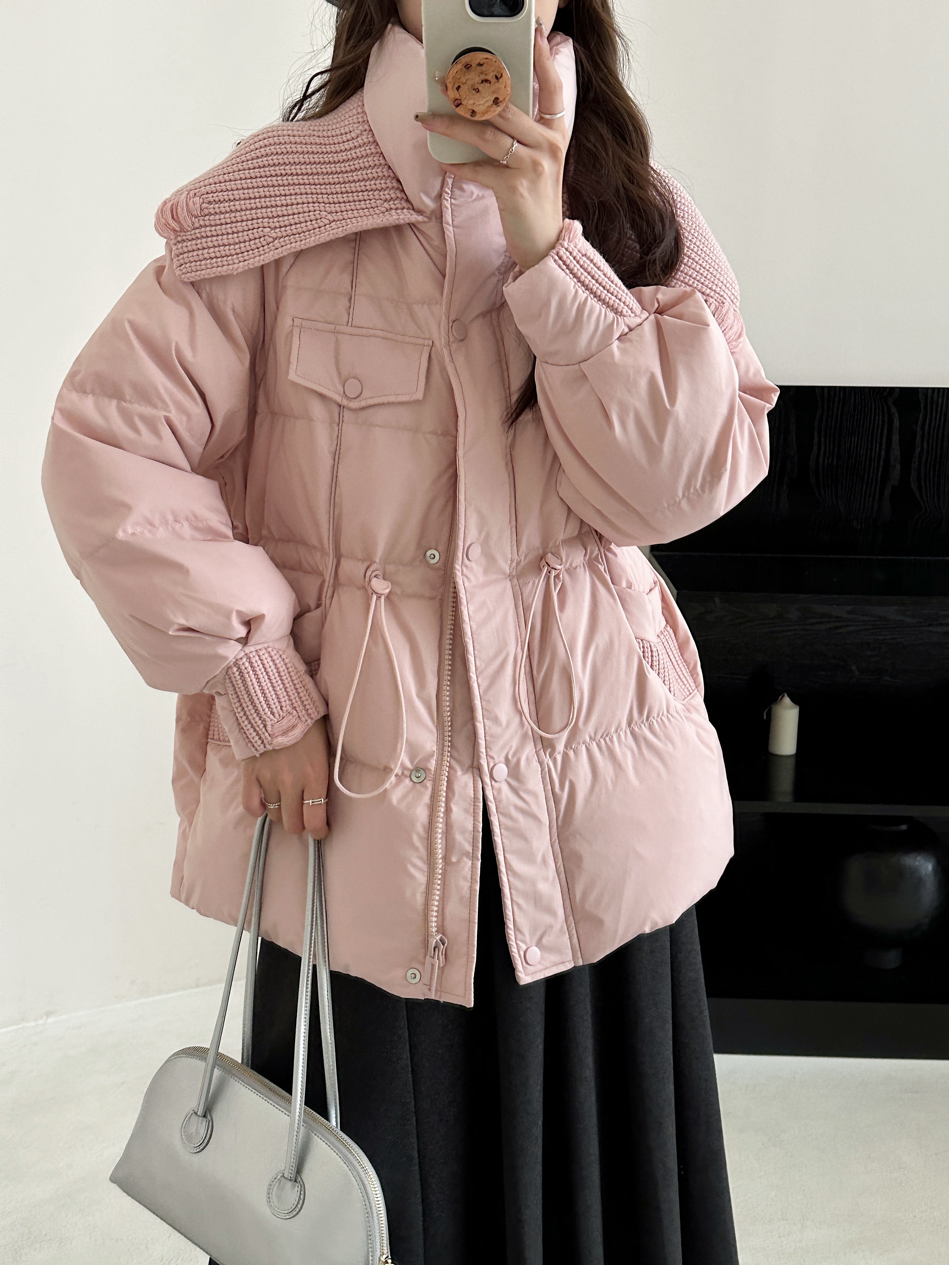 #8158 新款中长款羽绒服针织领加厚时尚立领外套收腰韩版冬季外套