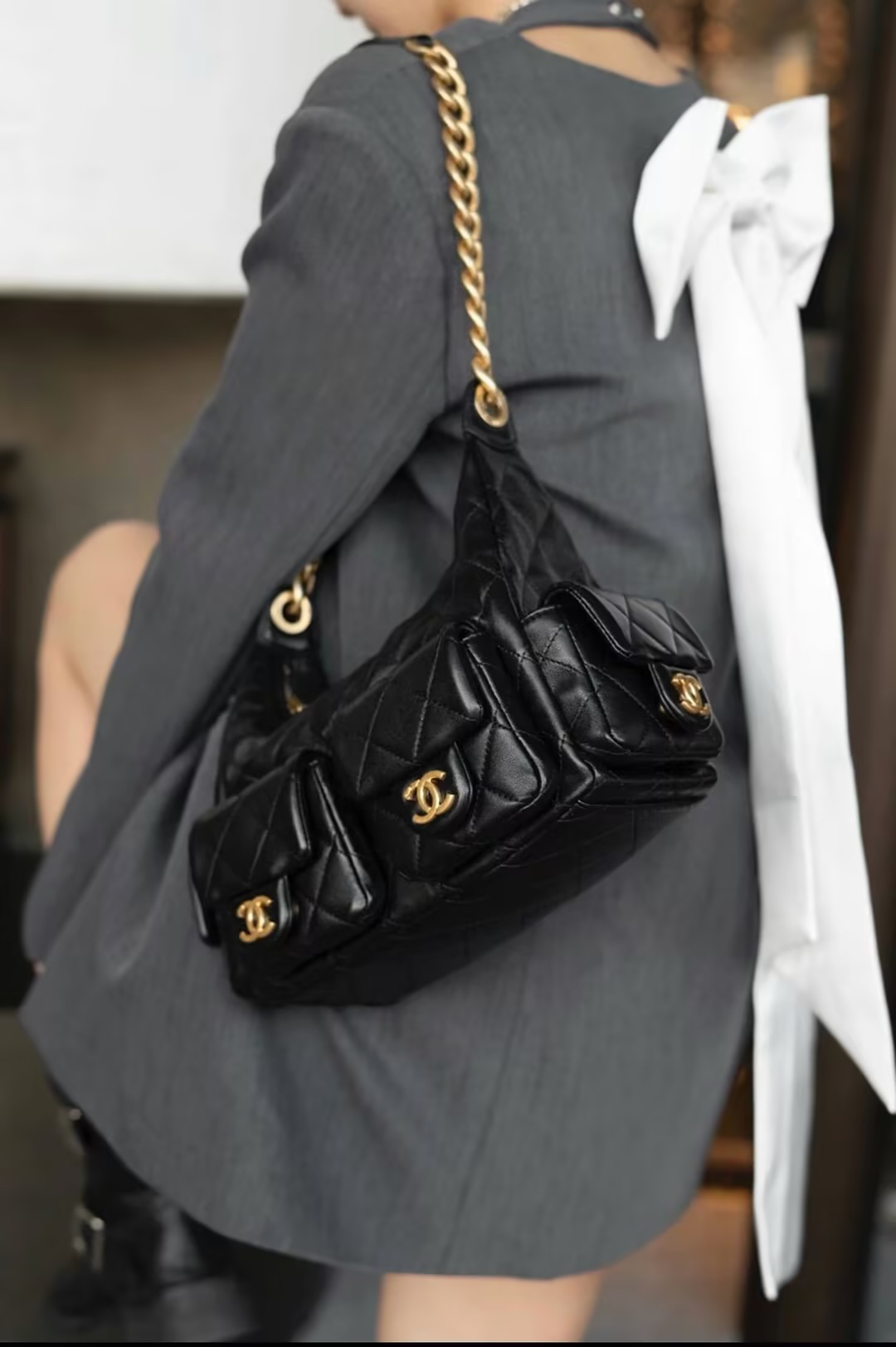 95新 Chanel/香奈儿 7042 黑金25c羊皮嬉皮hobo单肩包芯片款