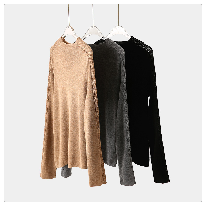 气质钩花镂空羊毛针织衫女圆领长袖套头内搭打底衫上衣--SWS8427