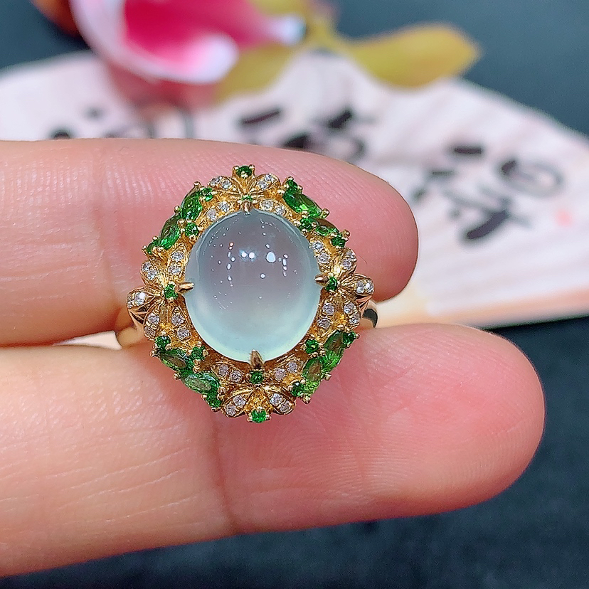 18k金天然A货翡翠蛋面戒指吊坠两用款轻奢时尚简约气质