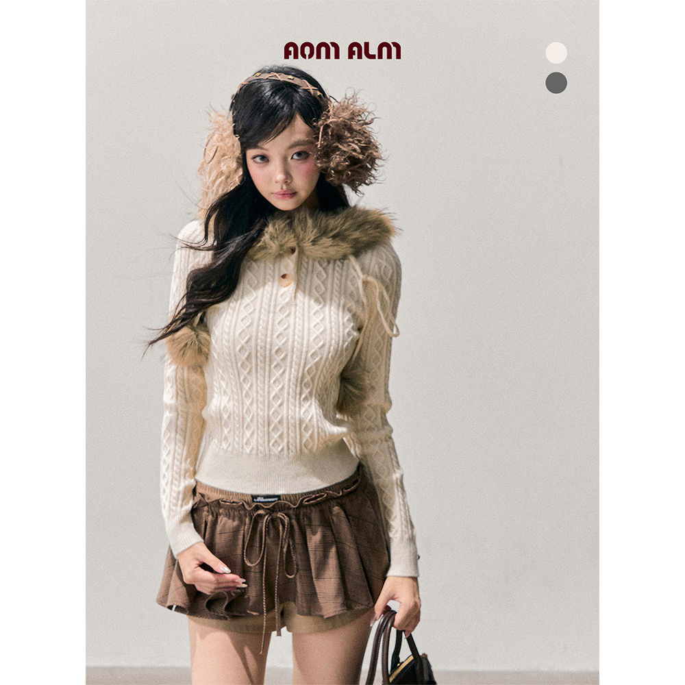 AOMALM少也眼"残雪的余痕"韩系连帽针织麻花毛衣女冬短款显瘦上衣