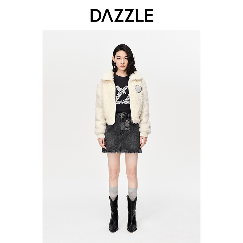 【品牌奥莱】DAZZLE地素冬季白色休闲羊毛短款毛绒外套2E1G1011B