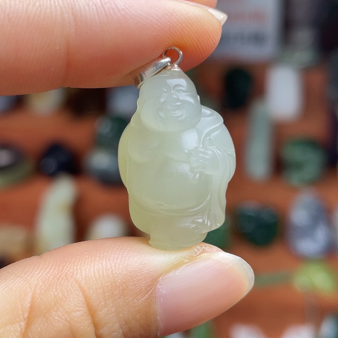 和田玉未镶嵌颈饰青海白冰晴银镶佛公