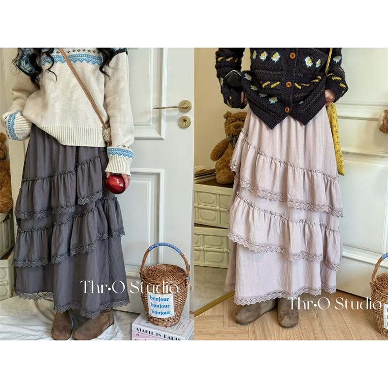 【粉灰舞会】韩系松紧腰显瘦蛋糕裙女气质百搭多层荷叶边加绒半身裙