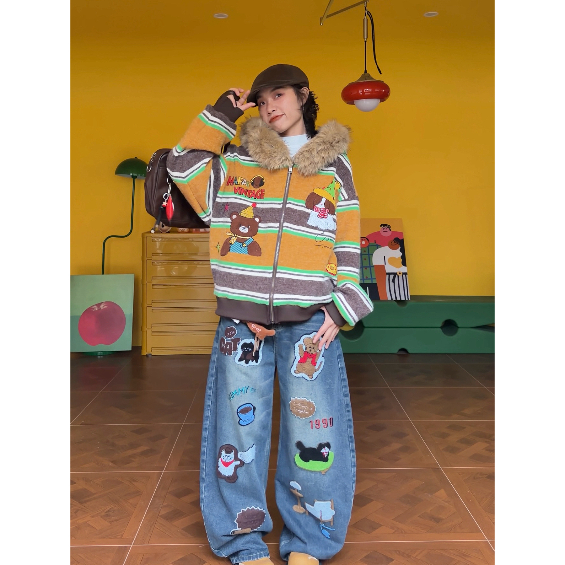 （蜂蜜罐子）加绒美式复古小众原创连帽慵懒风长袖宽松卫衣休闲