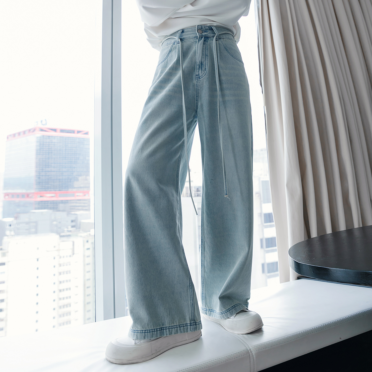 CHICERRO西西里男装休闲百搭复古宽松垂感阔腿裤水洗直筒牛仔裤潮