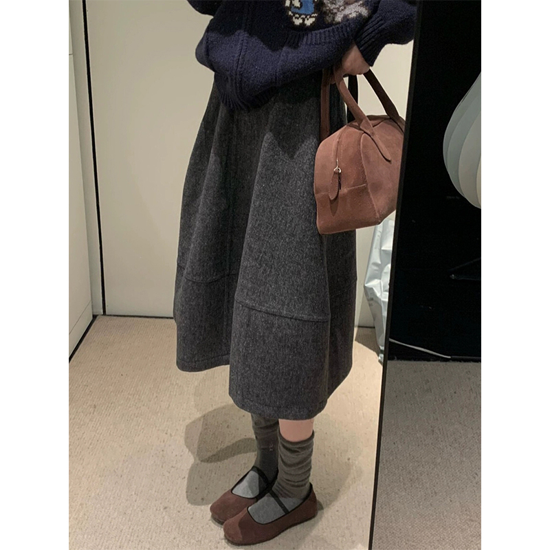 美丽人生【毛呢花苞裙】秋冬新款加厚黑色裙子a字伞裙中长款半身裙