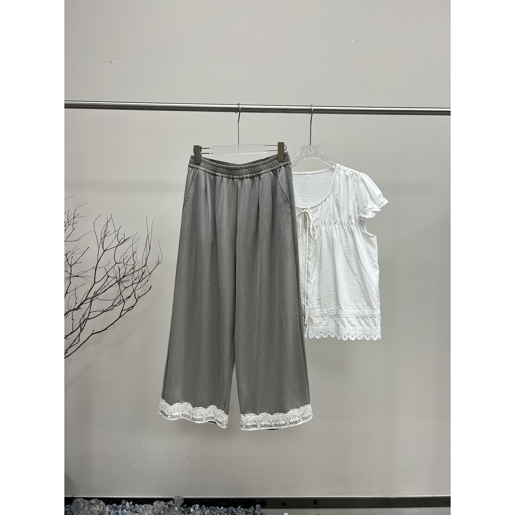 蕾丝边九分阔腿裤K224