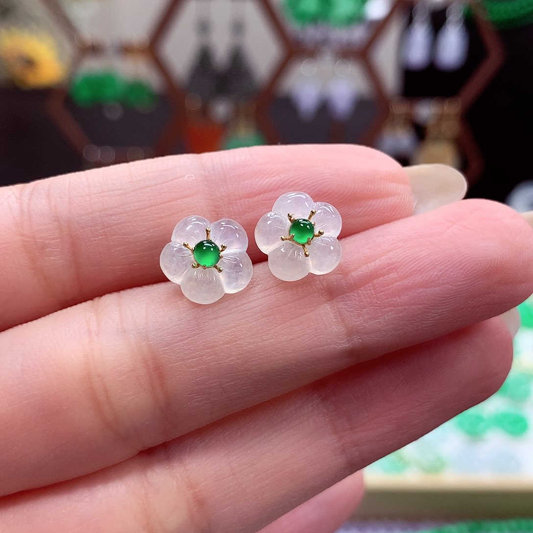 翡翠耳饰18K金镶嵌天然翡翠