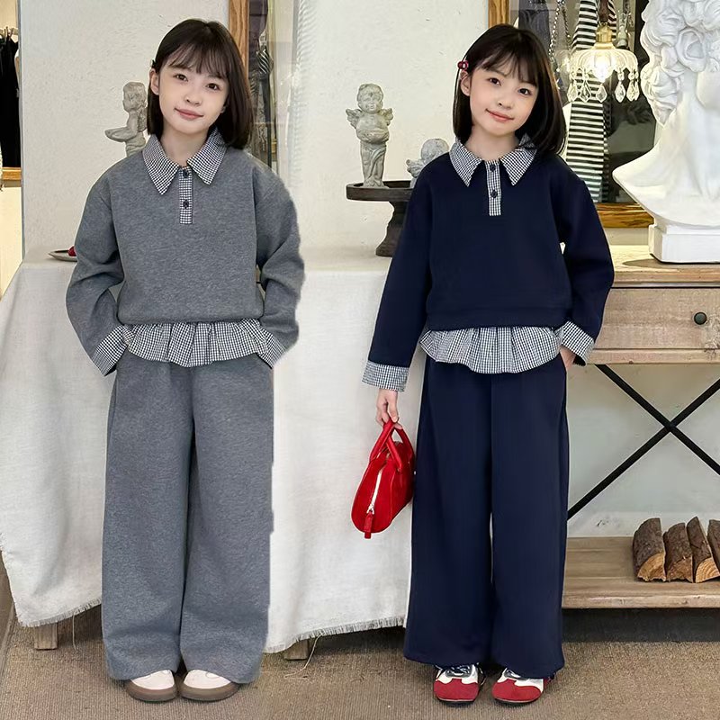 女童休闲春秋套装2025新款中大童拼接格子洋气时髦卫衣两件套