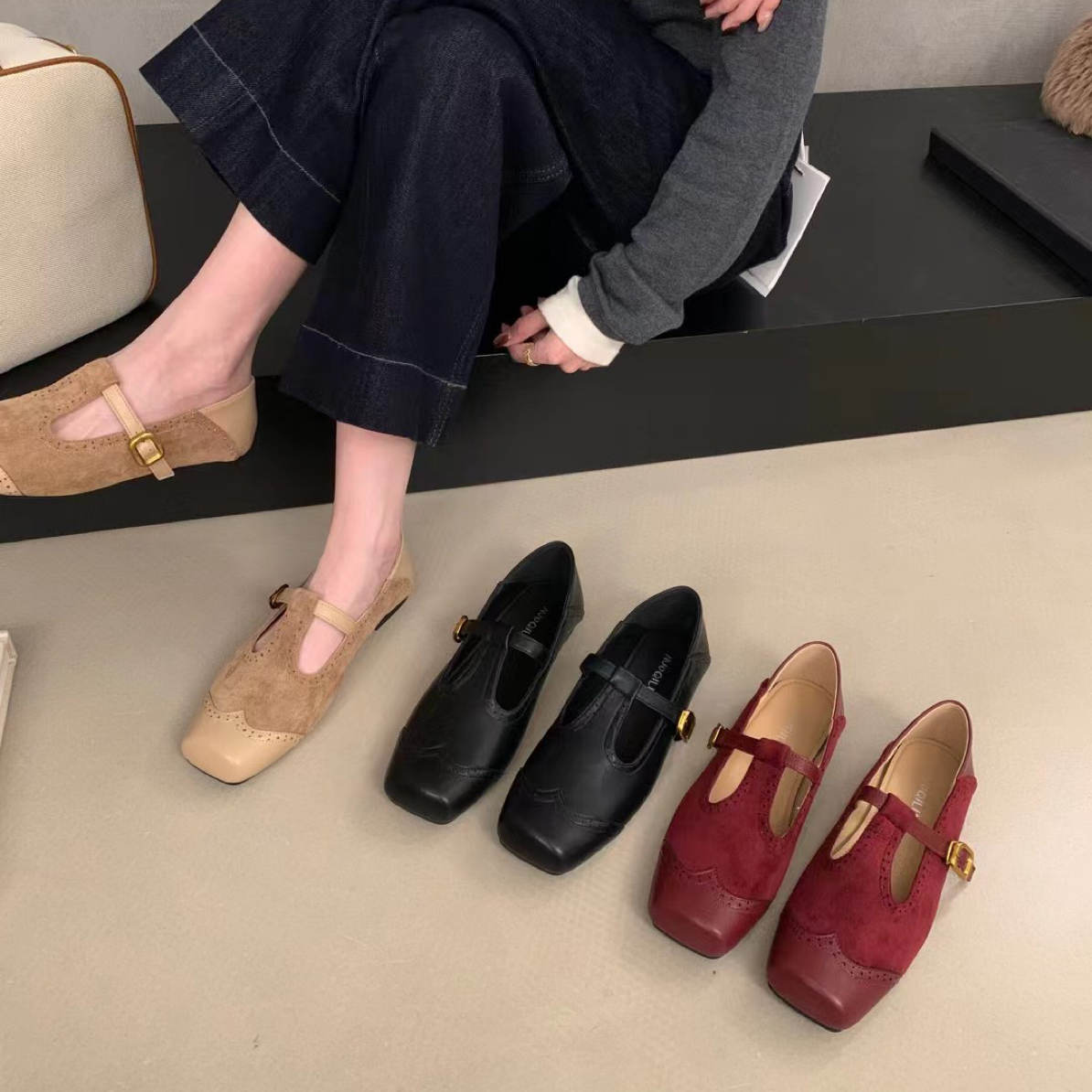 N 6613-8方头浅口拼接绒面秋季新款时尚气质通勤女单鞋