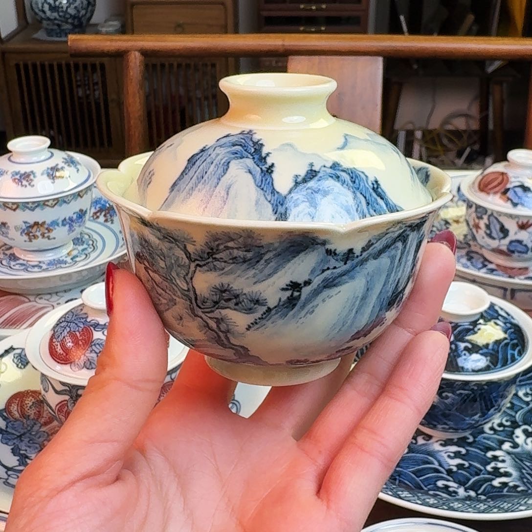 杯重工山水柴窑盖碗纯手绘