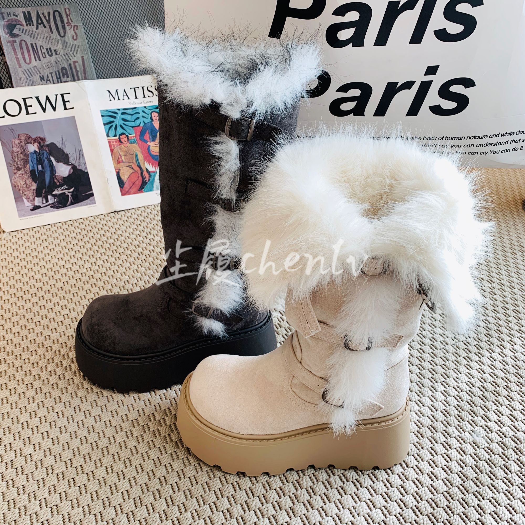 CHENLV/尘履2025厚底高筒皮带扣雪地靴加绒百搭网红保暖翻折长靴