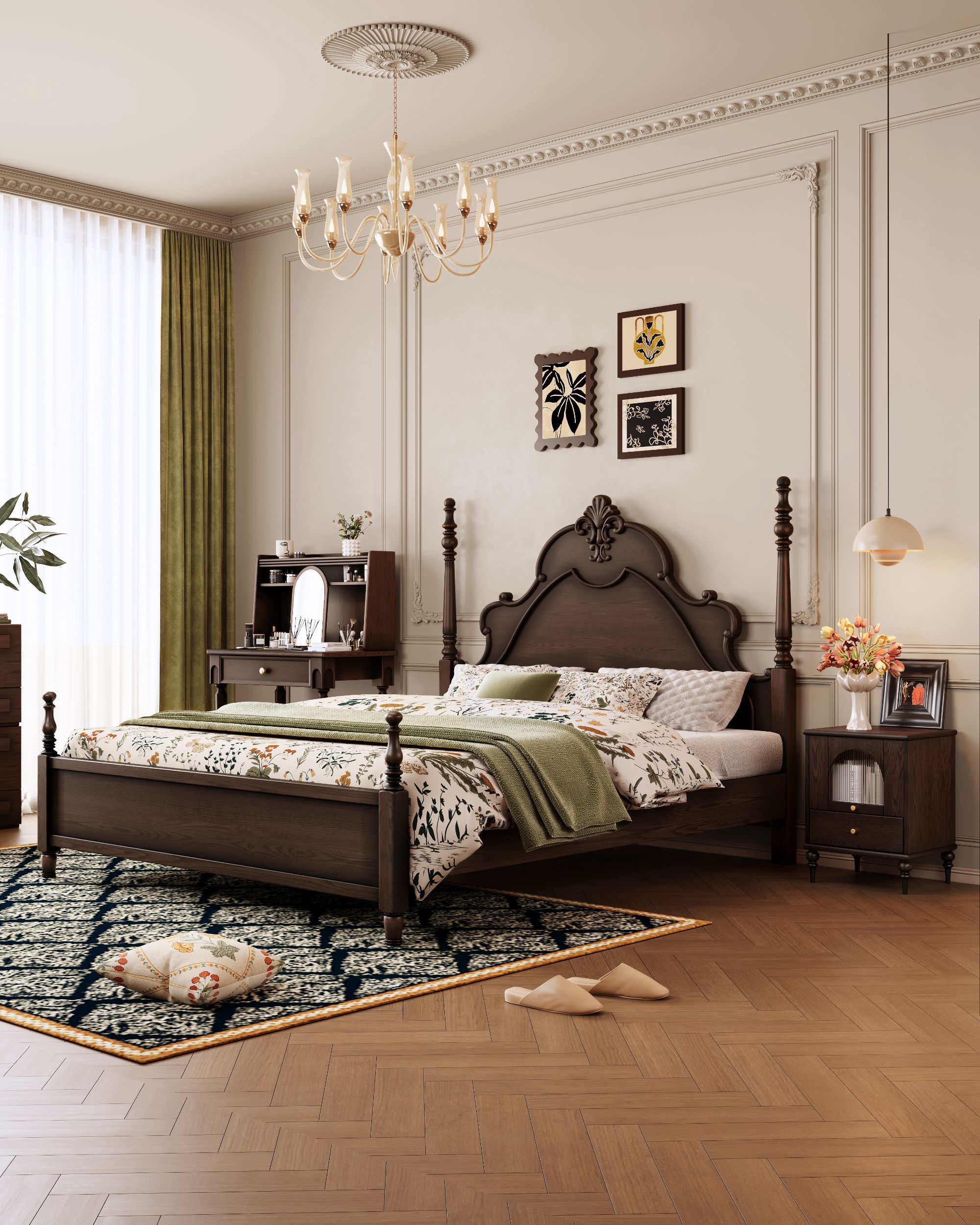 新美式中古实木床法式复古床主卧双人床黑色雕花简约主卧室大床