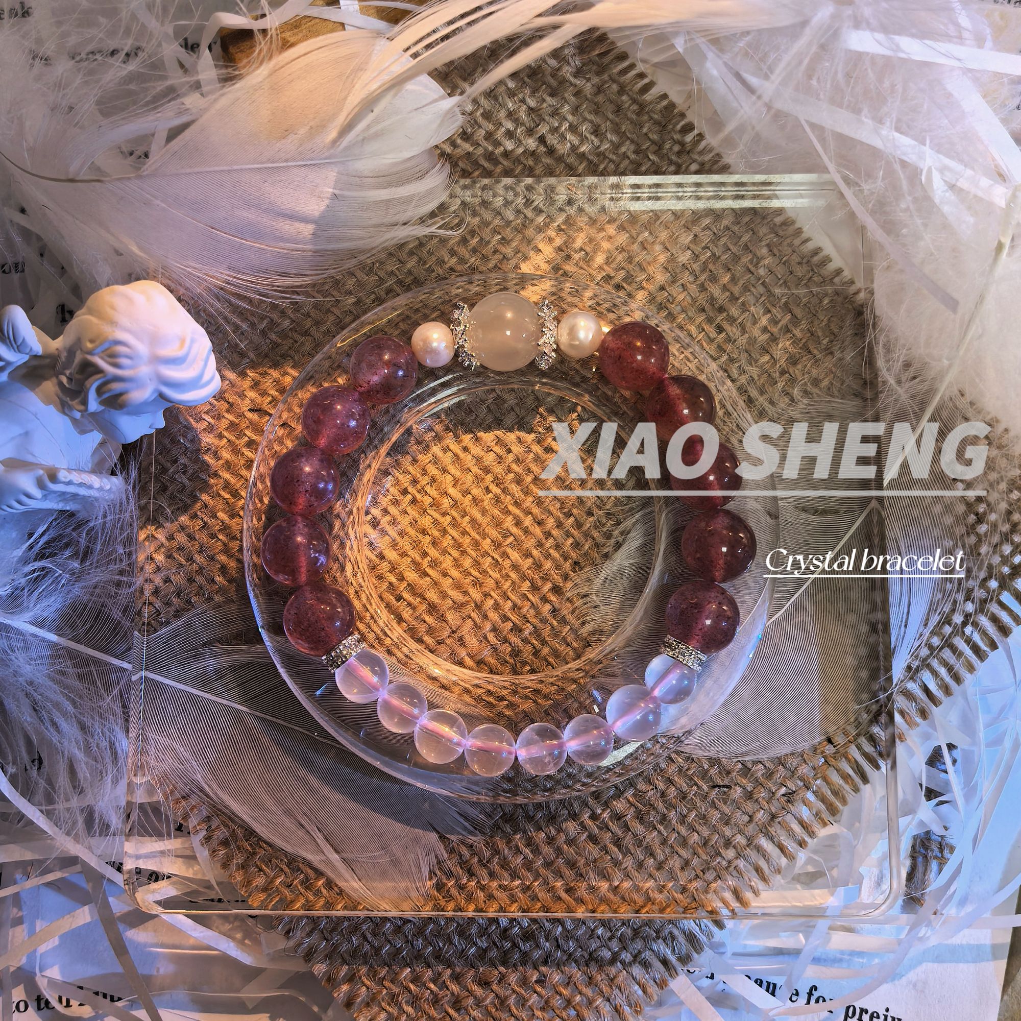 天然水晶【催婚】草莓晶+粉晶+绿月光水晶手链女天然微瑕