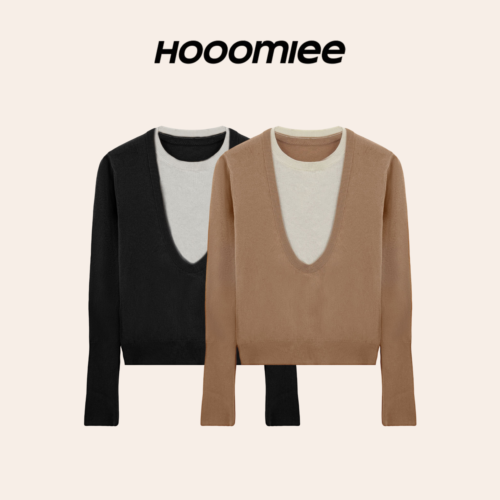 Hooomiee法式时尚大U领假两件长袖女士上衣YS25157