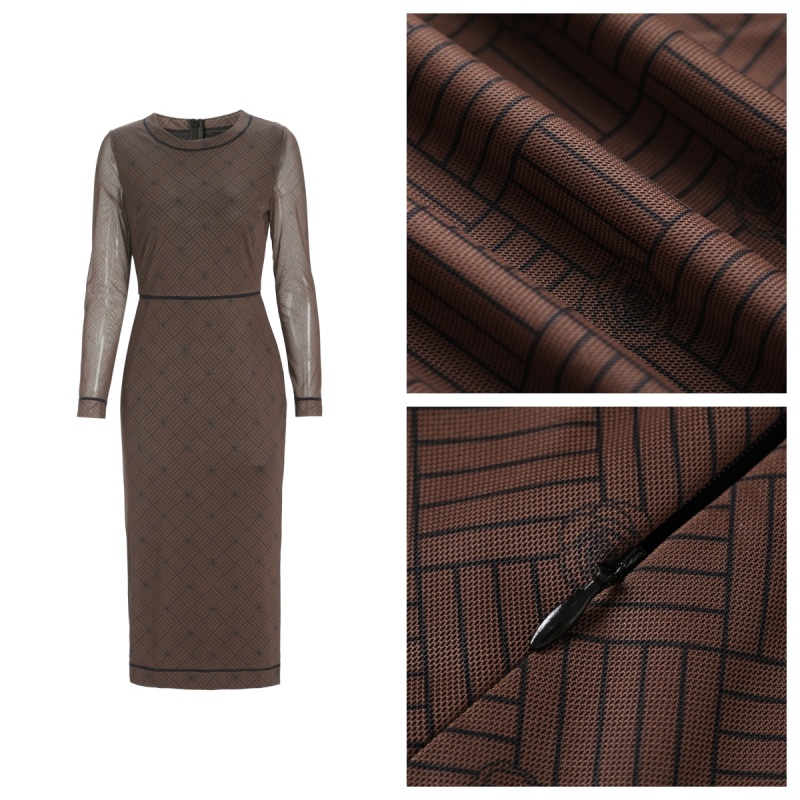 【KK定制】2024新秋上新圆领长袖收腰网纱连衣裙5300