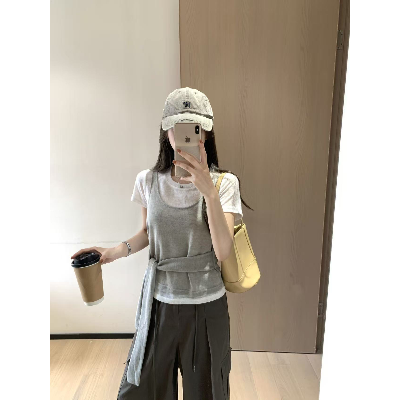 韩11韩系叠穿感两件套女绑带收腰显瘦背心简约百搭圆领T恤套装夏