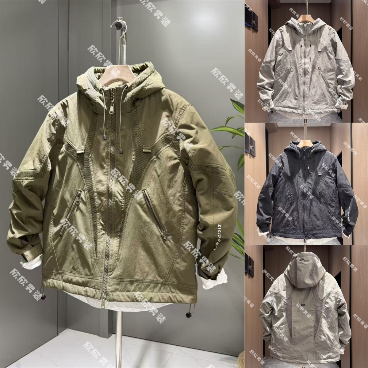 棉服潮牌网格连帽拼接痞帅拼接时尚男士外套