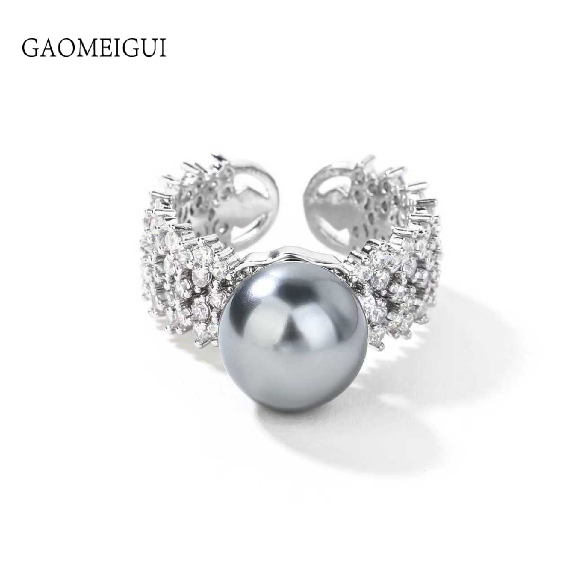 合金合成锆石戒指 GAOMEIGUI海外款 高定高奢满钻珍珠宽戒指A1133