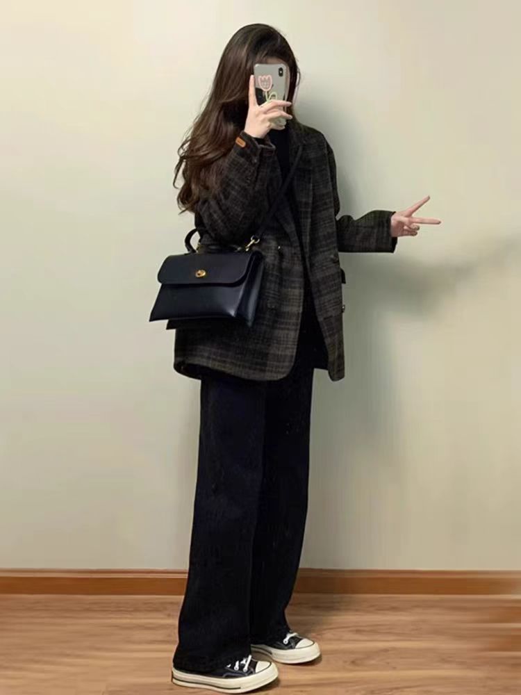 复古小香风格子西装呢子外套2025秋冬新款韩系加厚显瘦百搭毛妮